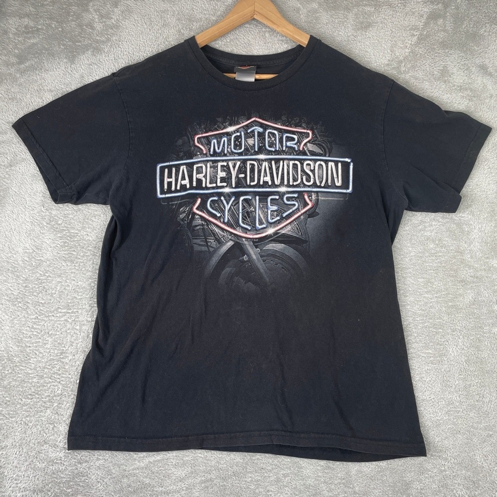 Harley Davidson Shirt Mens Large Black Neon Graphic Milwaukee Y2K Biker